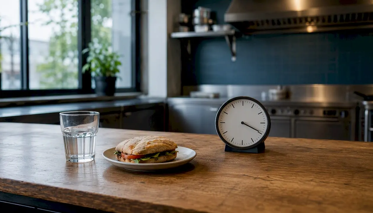 Der Tisch in der Restaurantküche ist für die Pause gedeckt.