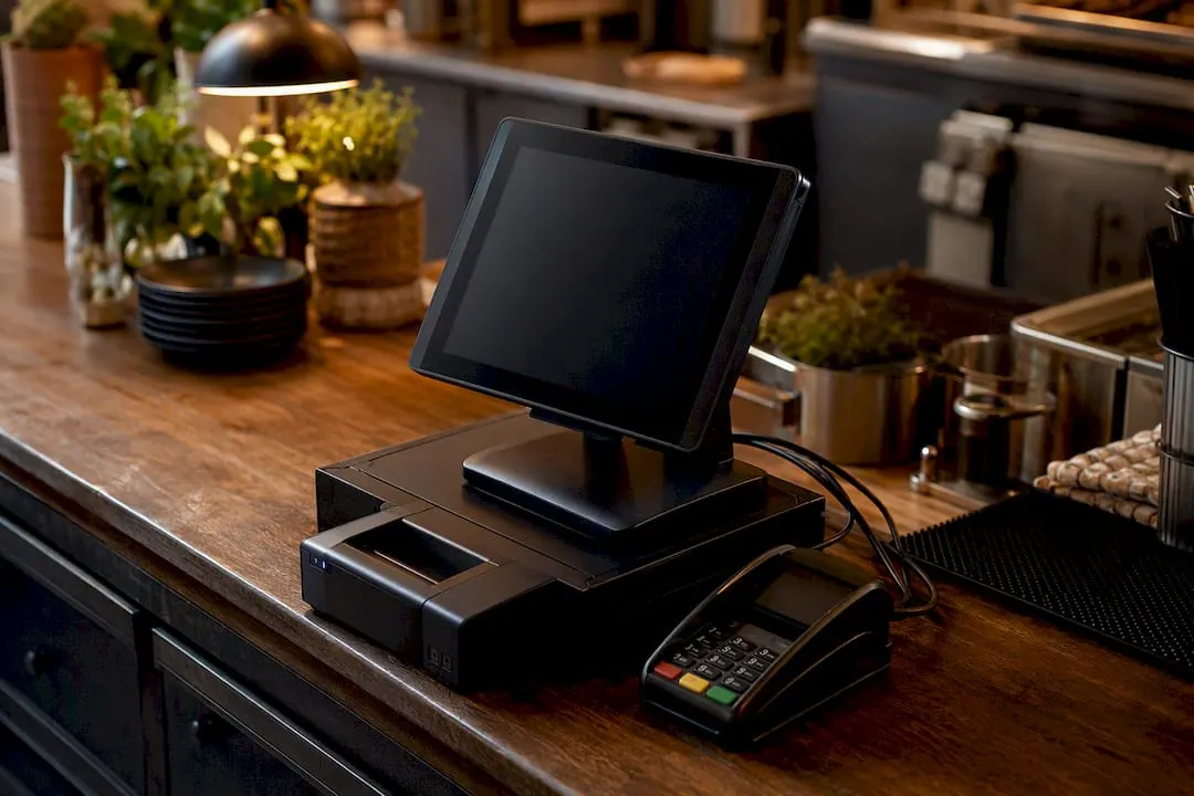 Nahaufnahme eines POS-Terminals mit angeschlossenen Kabeln